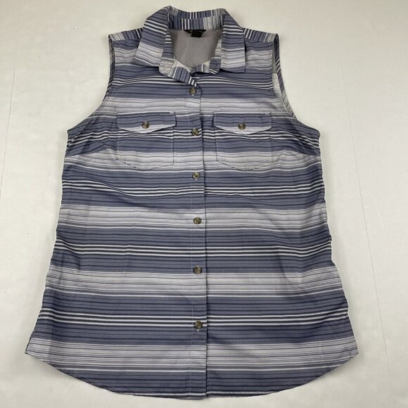 Eddie Bauer Travex Sleeveless Shirt Women's S Blue Striped Button Up Top Hiking - Picture 1 of 9